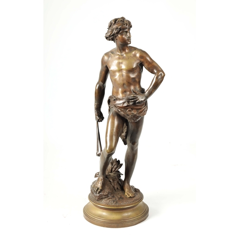 448 - ADRIENNE ETIENNE GAUDEZ. A LATE 19TH CENTURY FIGURAL BRONZE SCULPTURE OF DAVID on a moulded revolvin... 