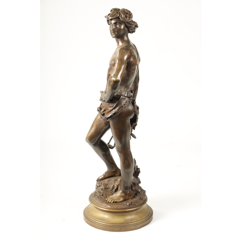 448 - ADRIENNE ETIENNE GAUDEZ. A LATE 19TH CENTURY FIGURAL BRONZE SCULPTURE OF DAVID on a moulded revolvin... 