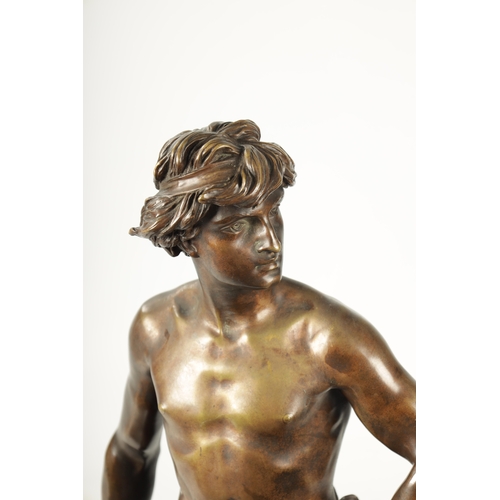 448 - ADRIENNE ETIENNE GAUDEZ. A LATE 19TH CENTURY FIGURAL BRONZE SCULPTURE OF DAVID on a moulded revolvin... 