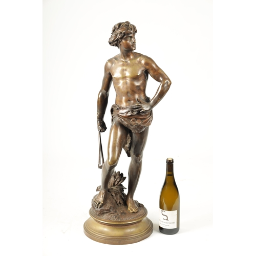 448 - ADRIENNE ETIENNE GAUDEZ. A LATE 19TH CENTURY FIGURAL BRONZE SCULPTURE OF DAVID on a moulded revolvin... 