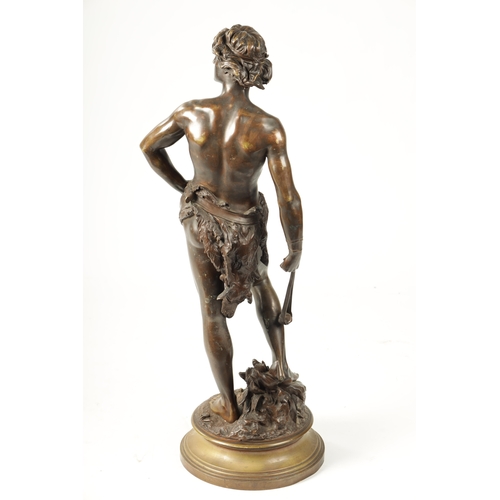 448 - ADRIENNE ETIENNE GAUDEZ. A LATE 19TH CENTURY FIGURAL BRONZE SCULPTURE OF DAVID on a moulded revolvin... 