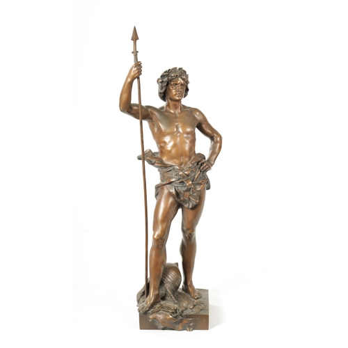 450 - HENRI PLE. A LATE 19TH CENTURY PATINATED FIGURAL BRONZE OF LARGE SIZE depicting a man standing with ... 