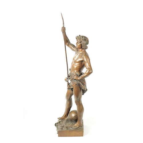 450 - HENRI PLE. A LATE 19TH CENTURY PATINATED FIGURAL BRONZE OF LARGE SIZE depicting a man standing with ... 