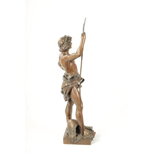 450 - HENRI PLE. A LATE 19TH CENTURY PATINATED FIGURAL BRONZE OF LARGE SIZE depicting a man standing with ... 