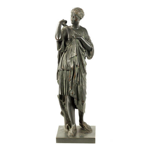 451 - A 19TH CENTURY BRONZE FIGURE GROUP OF DIANE DE GABIES mounted on a square plinth base - unsigned. (4... 