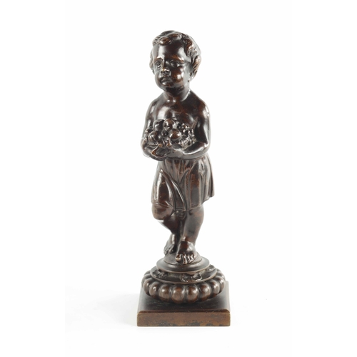 453 - A 18TH / 19TH CENTURY BRIOWN PATINATED BRONZE SCULPTURE OF A YOUNG BOY holding a fruit basket and ra... 