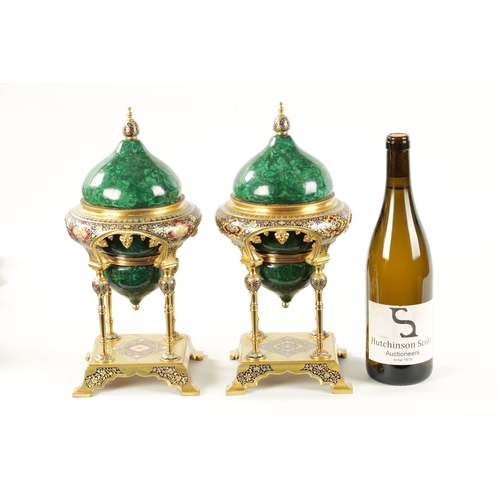 457 - A FINE PAIR OF FRENCH ORMOLU, CHAMPLEVE ENAMEL AND CERAMIC FAUX MALACHITE CASOLETTES having domed to... 