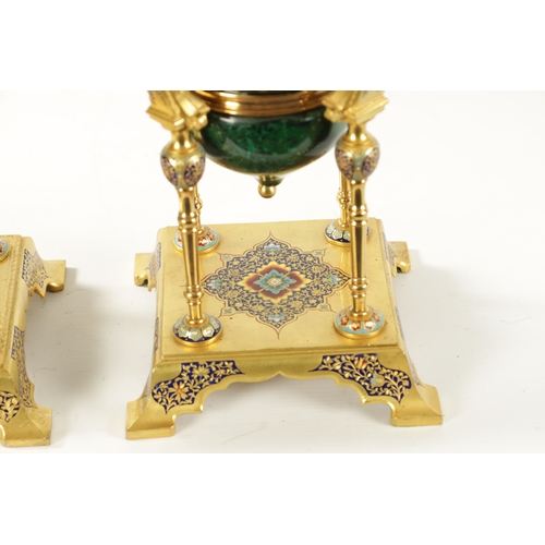 457 - A FINE PAIR OF FRENCH ORMOLU, CHAMPLEVE ENAMEL AND CERAMIC FAUX MALACHITE CASOLETTES having domed to... 