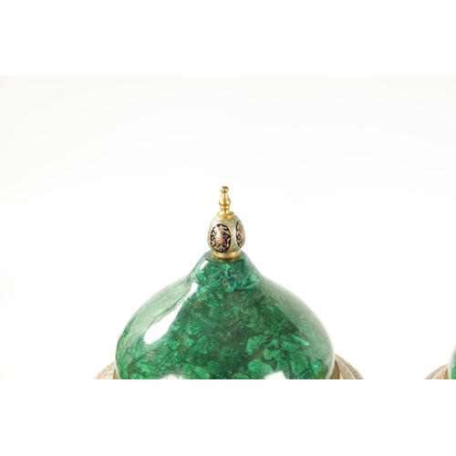 457 - A FINE PAIR OF FRENCH ORMOLU, CHAMPLEVE ENAMEL AND CERAMIC FAUX MALACHITE CASOLETTES having domed to... 