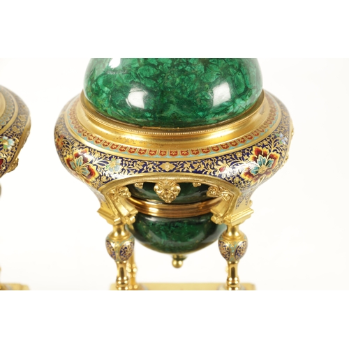 457 - A FINE PAIR OF FRENCH ORMOLU, CHAMPLEVE ENAMEL AND CERAMIC FAUX MALACHITE CASOLETTES having domed to... 