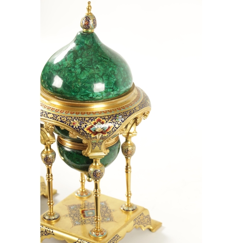 457 - A FINE PAIR OF FRENCH ORMOLU, CHAMPLEVE ENAMEL AND CERAMIC FAUX MALACHITE CASOLETTES having domed to... 