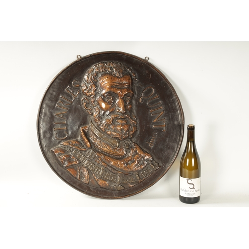 458 - A LATE 19TH CENTURY CAST BRONZE CIRCULAR HANGING PLAQUE OF CHARLES QUINT having brown patination (57... 