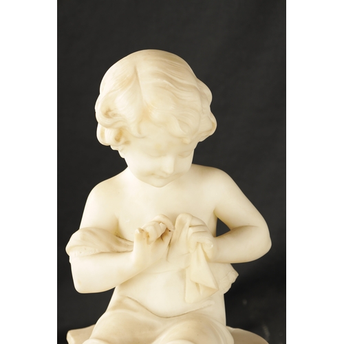 461 - AN 19TH CENTURY CARVED ALABASTER SCULPTURE depicting a seated child on plinth base. (46cm high )