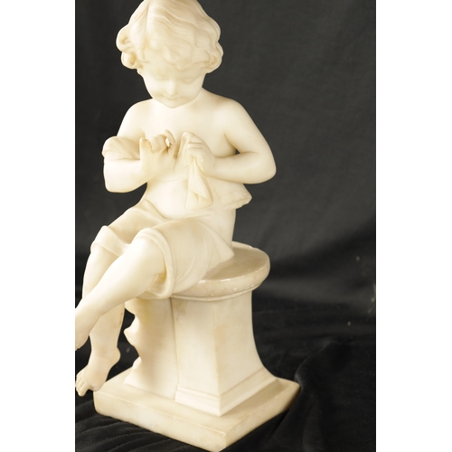 461 - AN 19TH CENTURY CARVED ALABASTER SCULPTURE depicting a seated child on plinth base. (46cm high )