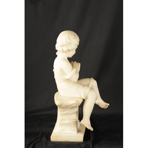 461 - AN 19TH CENTURY CARVED ALABASTER SCULPTURE depicting a seated child on plinth base. (46cm high )