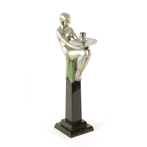 463 - AN ART DECO FIGURAL TABLE LAMP the semi-nude spelter figure with sage green and gilt clothing modell... 