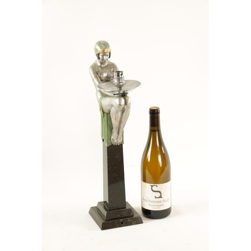 463 - AN ART DECO FIGURAL TABLE LAMP the semi-nude spelter figure with sage green and gilt clothing modell... 