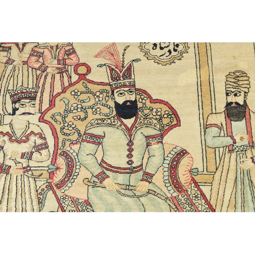 470 - AN ANTIQUE PERSIAN RAVER KERMAN KING AFSHAR NADERSHAH RUG depicting an interior scene of ‘Nadir Shah... 