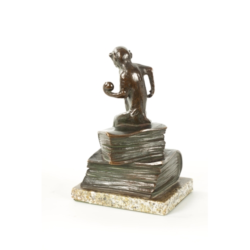 474 - JULES MOIGNIEZ. A FRENCH LATE 19TH CENTURY PATINATED BRONZE SCULPTURE modelled as a monkey sitting o... 