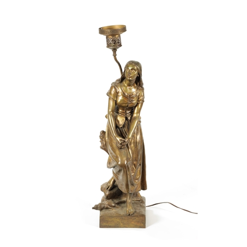 475 - AFTER EUGENE LAURENT, AN ART NOUVEAU GILT BRONZE FIGURAL TABLE LAMP depicting a standing young lady ... 