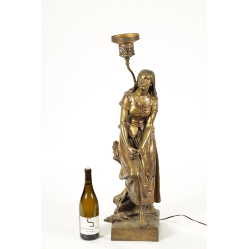 475 - AFTER EUGENE LAURENT, AN ART NOUVEAU GILT BRONZE FIGURAL TABLE LAMP depicting a standing young lady ... 