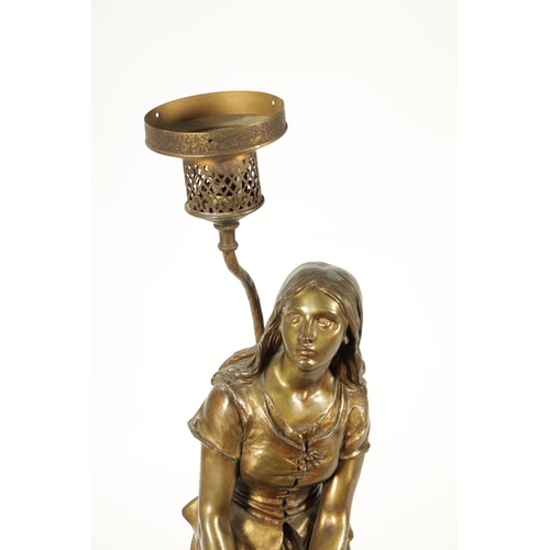 475 - AFTER EUGENE LAURENT, AN ART NOUVEAU GILT BRONZE FIGURAL TABLE LAMP depicting a standing young lady ... 