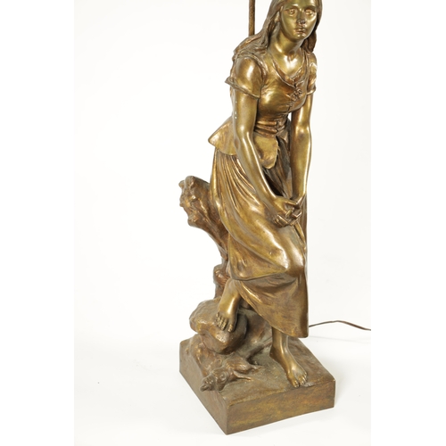 475 - AFTER EUGENE LAURENT, AN ART NOUVEAU GILT BRONZE FIGURAL TABLE LAMP depicting a standing young lady ... 