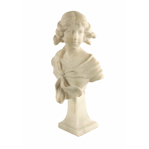 477 - A SMALL ART NOUVEAU STYLE CARVED ALABASTER BUST OF A YOUNG LADY raised on a tapering square base (27... 