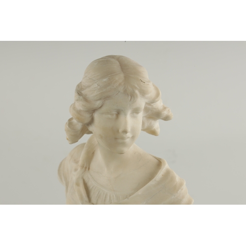 477 - A SMALL ART NOUVEAU STYLE CARVED ALABASTER BUST OF A YOUNG LADY raised on a tapering square base (27... 