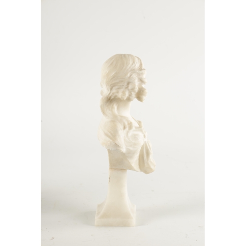 477 - A SMALL ART NOUVEAU STYLE CARVED ALABASTER BUST OF A YOUNG LADY raised on a tapering square base (27... 