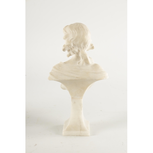 477 - A SMALL ART NOUVEAU STYLE CARVED ALABASTER BUST OF A YOUNG LADY raised on a tapering square base (27... 