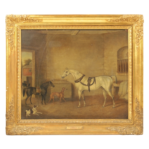 543 - W. BARRAUD (1810 - 1850). A MID 19TH CENTURY OIL ON CANVAS STABLE SCENE ENTITLED 