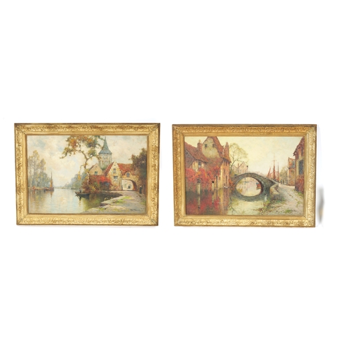 550 - ALFRED DE BREANSKI JNR A PAIR OF OILS ON CANVAS Inscribed on reverse 'On a Dutch Canal' and 'Evening... 