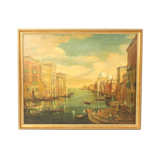 554 - A LARGE 19TH CENTURY OIL ON CANVAS VIEW ON THE GRAND CANEL, VENICE laid on board with later gilt fra... 