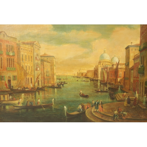 554 - A LARGE 19TH CENTURY OIL ON CANVAS VIEW ON THE GRAND CANEL, VENICE laid on board with later gilt fra... 