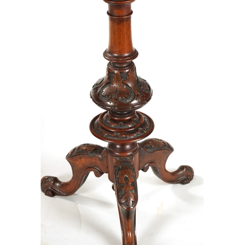 1017 - A MATCHED PAIR OF VICTORIAN BURR WALNUT OCCASIONAL TABLES with circular tops having elaborately carv... 