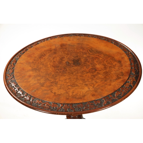 1017 - A MATCHED PAIR OF VICTORIAN BURR WALNUT OCCASIONAL TABLES with circular tops having elaborately carv... 