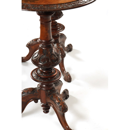 1017 - A MATCHED PAIR OF VICTORIAN BURR WALNUT OCCASIONAL TABLES with circular tops having elaborately carv... 