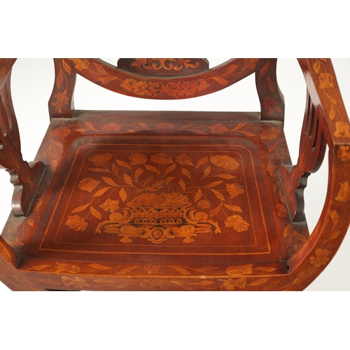 1018 - A 19TH CENTURY DUTCH MARQUETRY SIDE CHAIR with vase shaped pierced back splat and dished seat above ... 