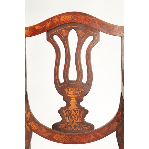 1018 - A 19TH CENTURY DUTCH MARQUETRY SIDE CHAIR with vase shaped pierced back splat and dished seat above ... 