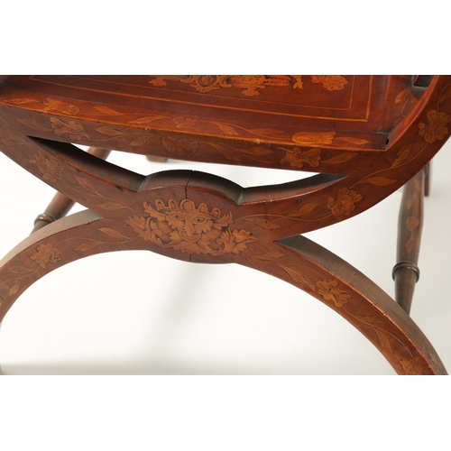 1018 - A 19TH CENTURY DUTCH MARQUETRY SIDE CHAIR with vase shaped pierced back splat and dished seat above ... 