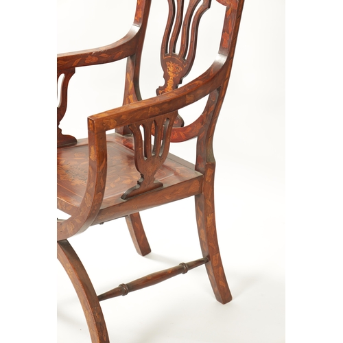 1018 - A 19TH CENTURY DUTCH MARQUETRY SIDE CHAIR with vase shaped pierced back splat and dished seat above ... 