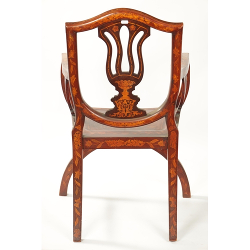 1018 - A 19TH CENTURY DUTCH MARQUETRY SIDE CHAIR with vase shaped pierced back splat and dished seat above ... 