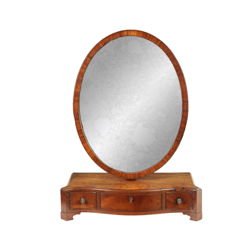 1019 - A GEORGE III FIGURED MAHOGANY DRESSING TABLE MIRROR OF A DESIGN BY GILLOW with serpentine three draw... 