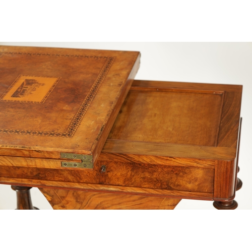 1020 - A GOOD VICTORIAN BURR WALNUT AND TUNBRIDGE WARE INLAID WORK BOX / GAMES TABLE with revolving inlaid ... 