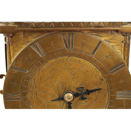 643 - RICHARD GREENHILL, CANTERBURY FECIT. A 17TH CENTURY LANTERN CLOCK WITH LATER MOVEMENT the posted fra... 