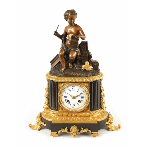 646 - A MID 19TH CENTURY FRENCH BRONZE AND ORMOLU FIGURAL MANTEL CLOCK the case surmounted by a patinated ... 