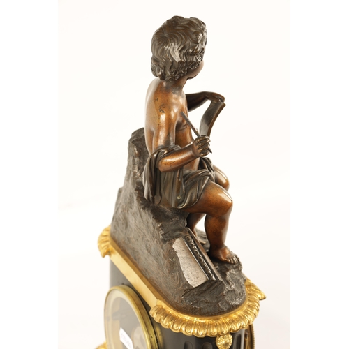 646 - A MID 19TH CENTURY FRENCH BRONZE AND ORMOLU FIGURAL MANTEL CLOCK the case surmounted by a patinated ... 