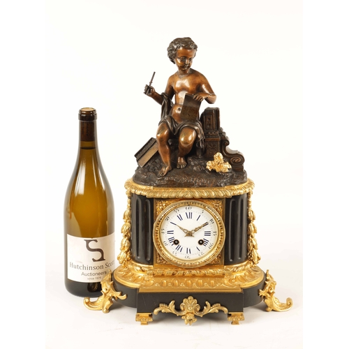 646 - A MID 19TH CENTURY FRENCH BRONZE AND ORMOLU FIGURAL MANTEL CLOCK the case surmounted by a patinated ... 