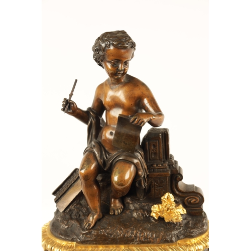 646 - A MID 19TH CENTURY FRENCH BRONZE AND ORMOLU FIGURAL MANTEL CLOCK the case surmounted by a patinated ... 